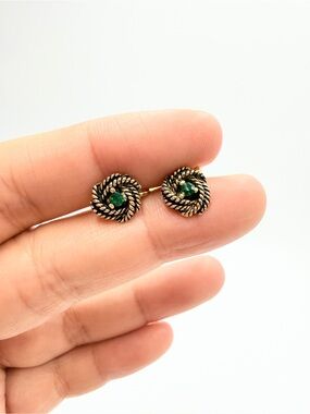 Vintage Gold-Tone Green Crystal Rope Knot Clip-On Earrings